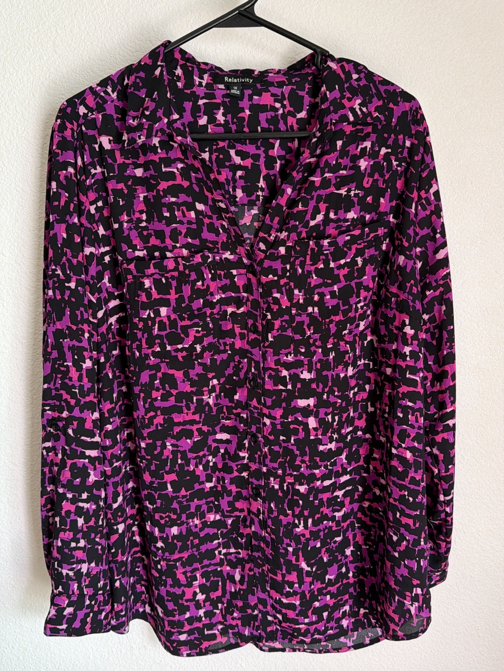 Relativity Purple, Pink and Black Printed V-Neck Blouse